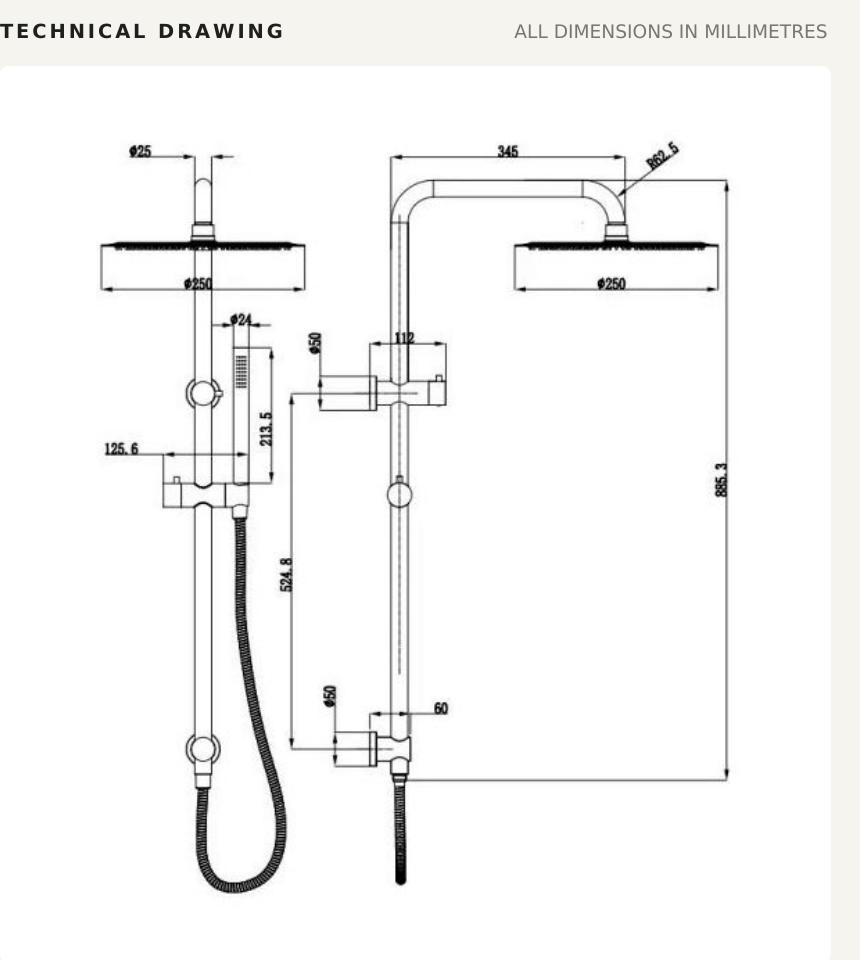 Combination Shower Set MC-CS-001 technical dimensions