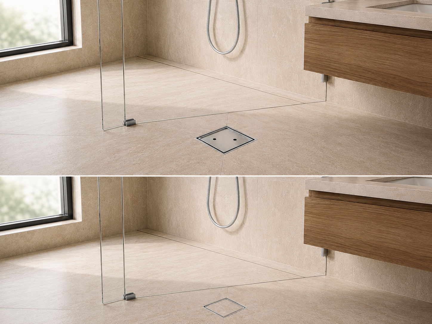 Montague 115mm floor drain installed in a bathroom – Brushed Nickel