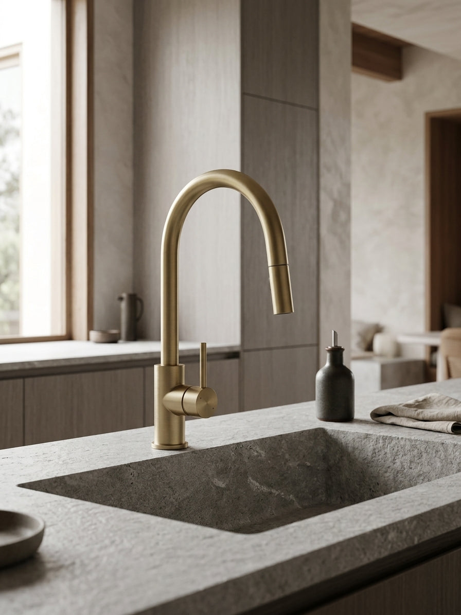 Montague Pull-Out Kitchen Mixer in Brushed Brass