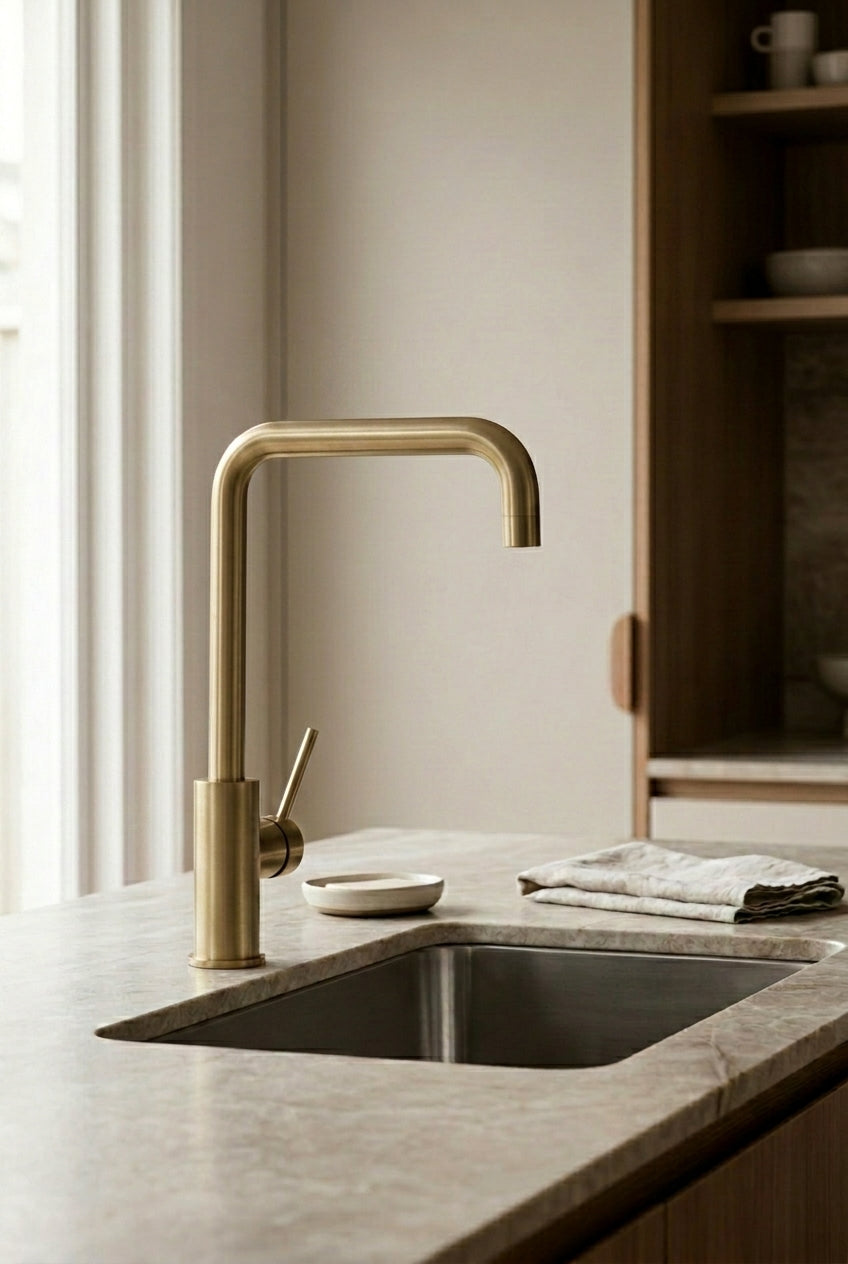 Montague Square-Neck Kitchen Mixer in Brushed Brass