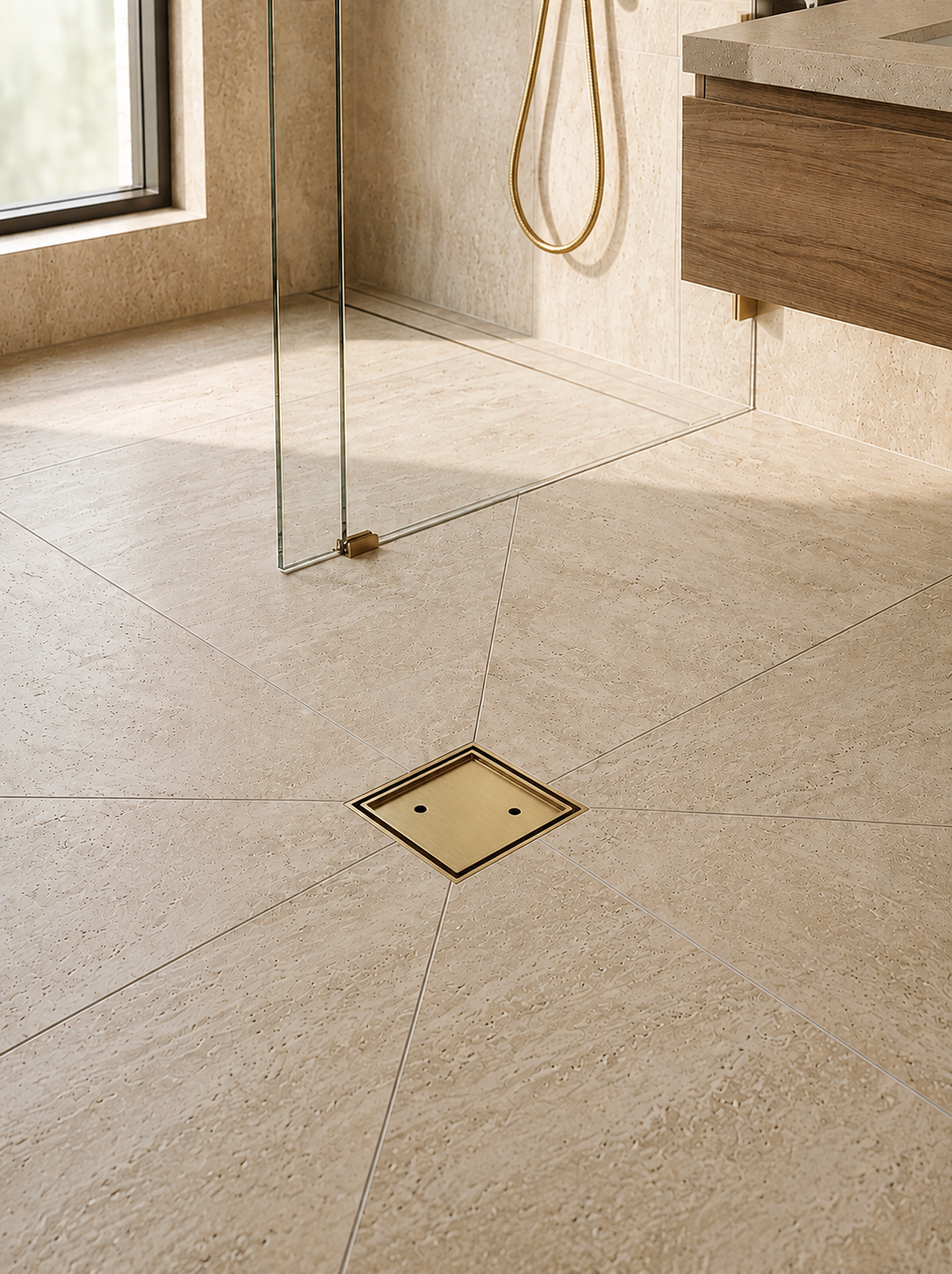 Montague 115mm floor drain installed in a bathroom – Brushed Brass
