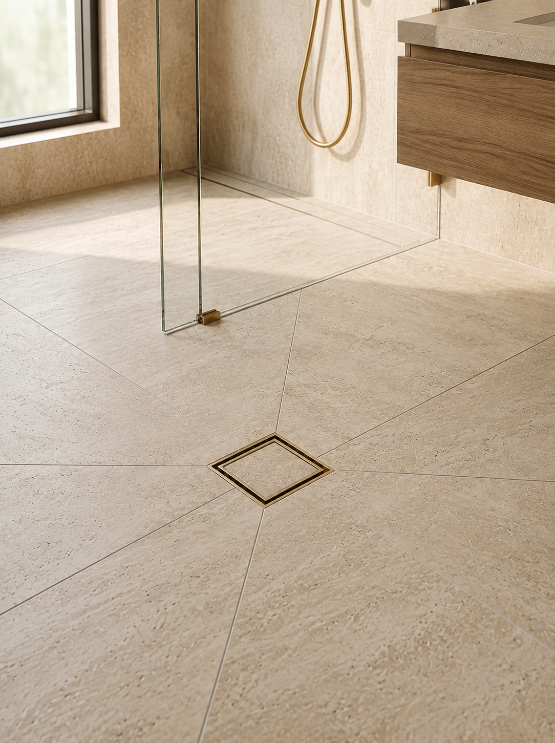 Montague 115mm tile-insert floor drain installed in a bathroom – Brushed Brass