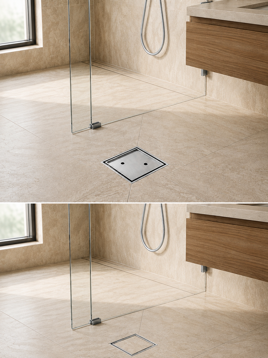 Montague 115mm floor drain installed in a bathroom – Chrome